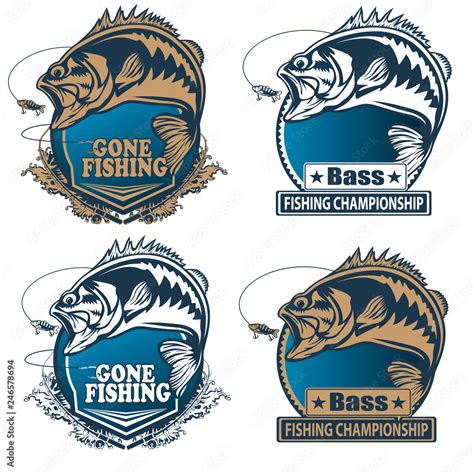 Fishing bass logo. Bass fish with rod club emblem. Fishing theme illustration. Fish Isolated on ...