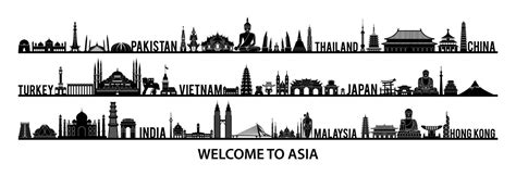 collection of famous landmarks of Asia silhouette style with black and white color 5274097 ...