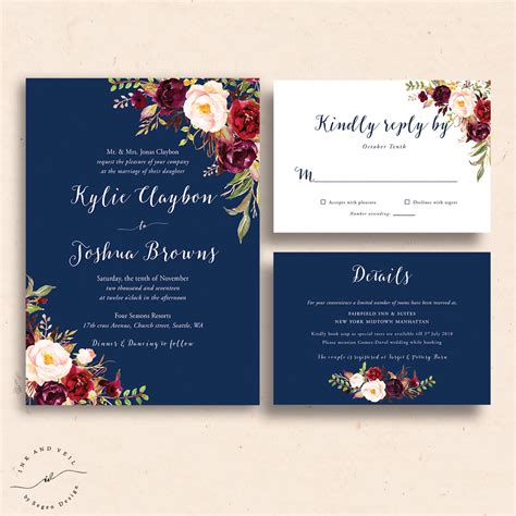 Navy Floral Wedding Invitations Navy Wedding Invite Marsala