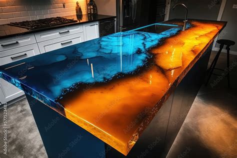 Blue and orange epoxy resin kitchen countertops. Generative AI. Stock ...