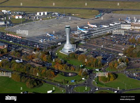 Aerial view of Edinburgh Airport, runway and control tower Stock Photo ...