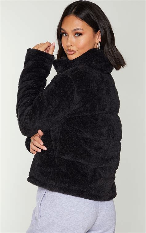 Black Short Faux Fur Padded Puffer Jacket | PrettyLittleThing IL