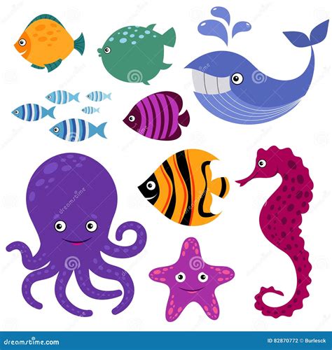 Cute Sea Creatures. Cartoon Smiling Animals Stock Illustration - Illustration of aqua, exotic ...