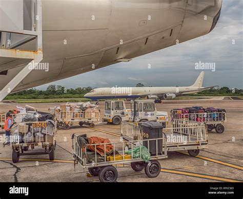 Iquitos, Peru - December 07, 2018: Luggage is waiting to be loaded onto ...