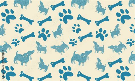 dog bones paw prints and polka dot puppy design in blue on beige ...