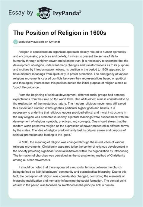 The Position of Religion in 1600s - 740 Words | Essay Example