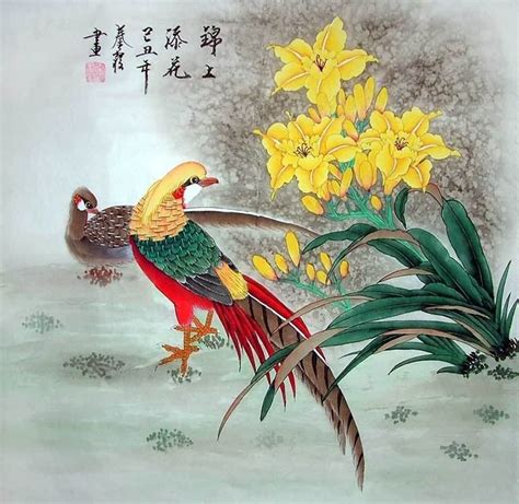 Chinese Pheasant Painting Golden pheasant 2703002, 66cm x 66cm(26〃 x 26〃)