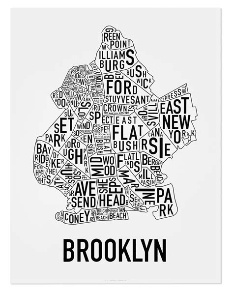 Brooklyn Neighborhood Map 18" x 24" Classic Black & White Poster