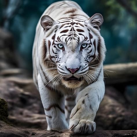 Premium AI Image | A white tiger with blue eyes walks on a rock.