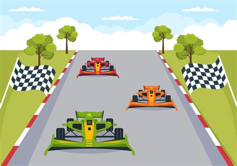 Formula Racing Sport Car Reach on Race Circuit the Finish Line Cartoon Illustration to Win the ...