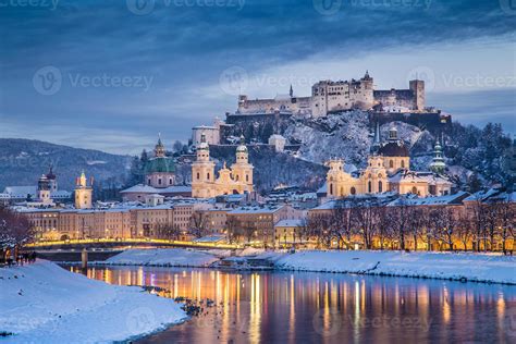 Historic city of Salzburg in winter at dusk, Austria 1401018 Stock Photo at Vecteezy