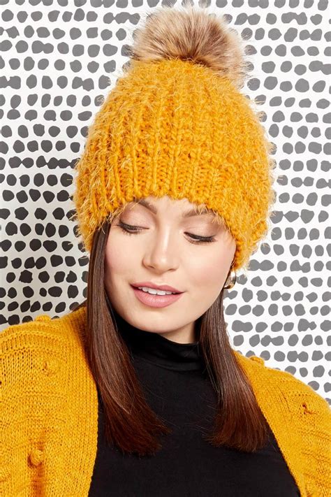 Chunky Knit Pom Pom Hat in Amber - Roman Originals UK