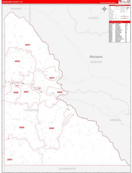 Shoshone County, ID Zip Code Wall Map Red Line Style by MarketMAPS ...