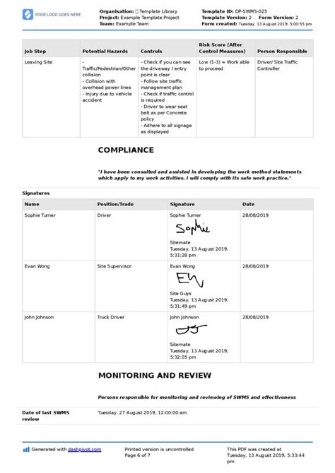 Concrete Safe Work Method Statement (Delivery, slab, pumping etc.)