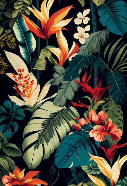 A floral wallpaper with a tropical plant and flowers. | Premium AI ...