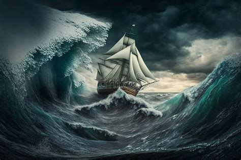 Sailing Ship in a Giant Storm with Crashing Waves. Sailing Boat Inside a Giant Storm Dramatic ...