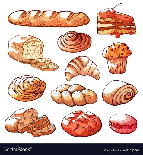 different types of breads and pastries are shown in this drawing style ...