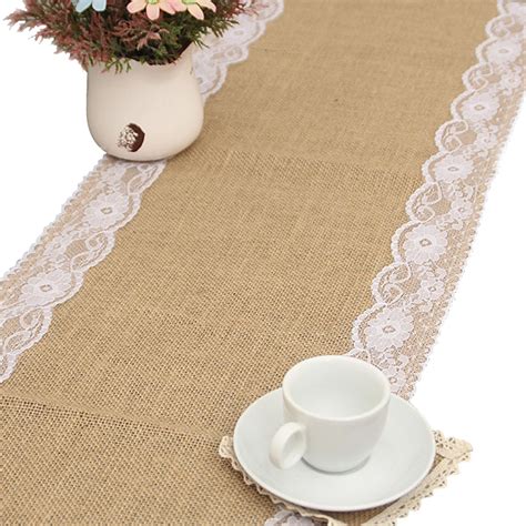 Elegant Jute Table Runner Burlap Lace Table Cloth Wedding Party home Decoration Tablecloth table ...