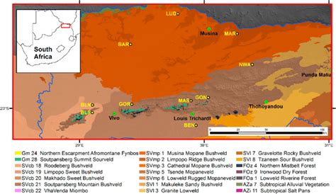 Map of sites in vegetation units in the Vhembe Biosphere Reserve. | Download Scientific Diagram