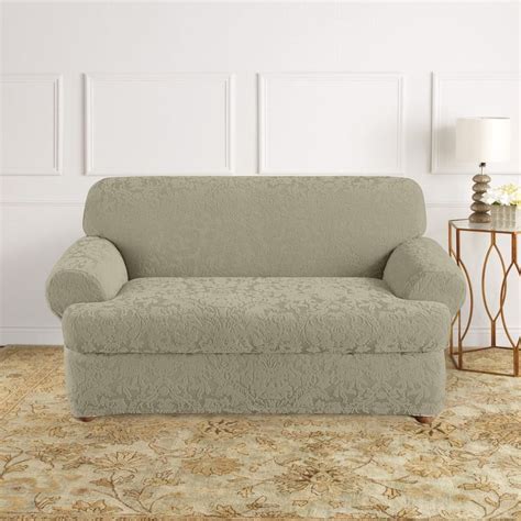 Sure Fit Stretch Jacquard Damask Two Piece T-Cushion Love Seat Slipcover In Sage #SureFit # ...