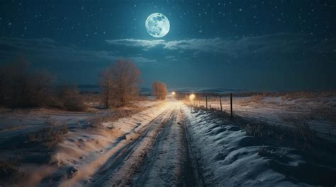 Premium Photo | Winter rural road at night in full moon lightgenerative ai