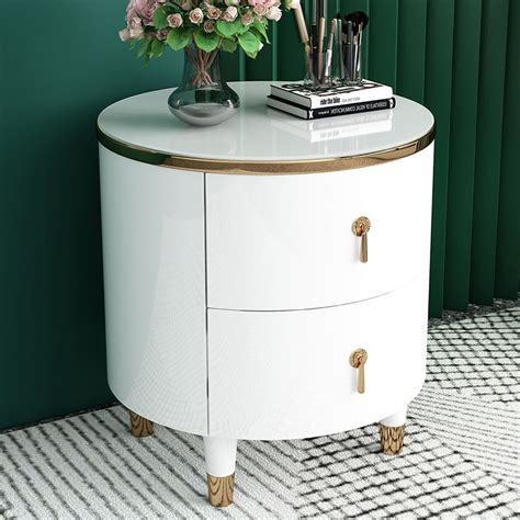 Modern Round Nightstand White Nightstand in Gold Finish 2 Drawers Nightstand