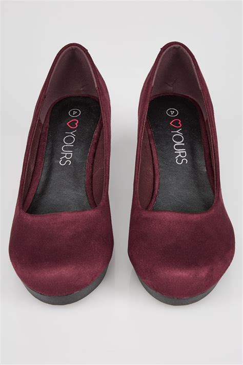 Burgundy Faux Suede Wedge Heels In EEE Fit