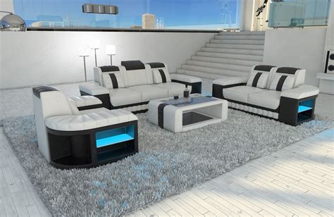 Sofa Set Designersofa BOSTON 3-2-1 Couch + LED Lights + functional ...