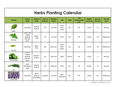 Herbs Planting Calendar - Free Printable Templates