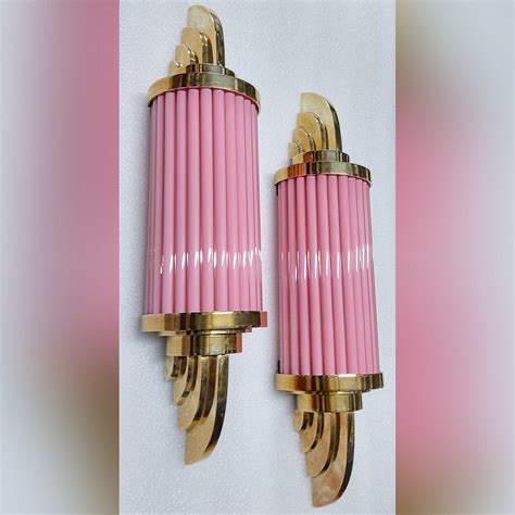 Pair Skyscraper Vintage Art Deco Light Old Lamp Wall Sconces Fixture Brass & Pink Glass Rod Ship ...