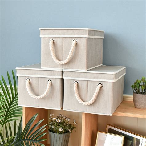 Foldable Fabric Storage Boxes with Lid & Handles, 3-Pack, Large, Gray, 10.0''x14.4''x8.5 ...