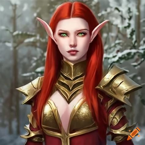 Portrait of a beautiful elf woman in red and gold armor on Craiyon