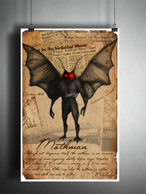 Mothman cryptid art, urban legend bestiary cryptozoology science journal art, monsters and ...