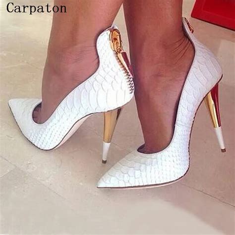 Classical White Crocodile PU Leather Pointed Toe High Heels Women Zip Pumps Wedding Shoes ...