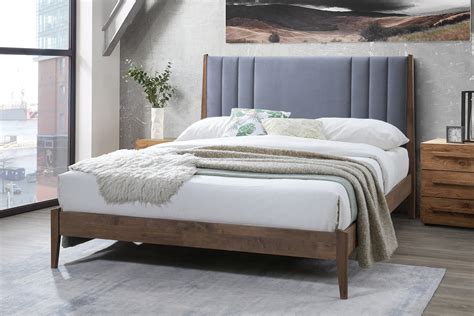 Landywood Dark Wood Bed Frame with Dark Grey Velvet Headboard - Furniture World