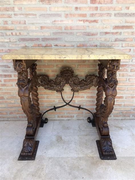 Antique Carved Console Table with Beige Marble Top for sale at Pamono