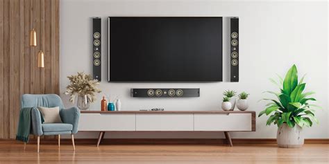 Wall-mounted speakers surround the big-screen TV with sound