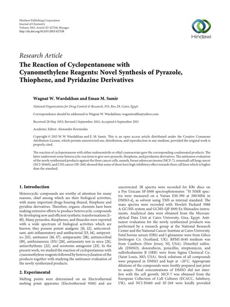 (PDF) The Reaction of Cyclopentanone with Cyanomethylene Reagents: Novel Synthesis of Pyrazole ...