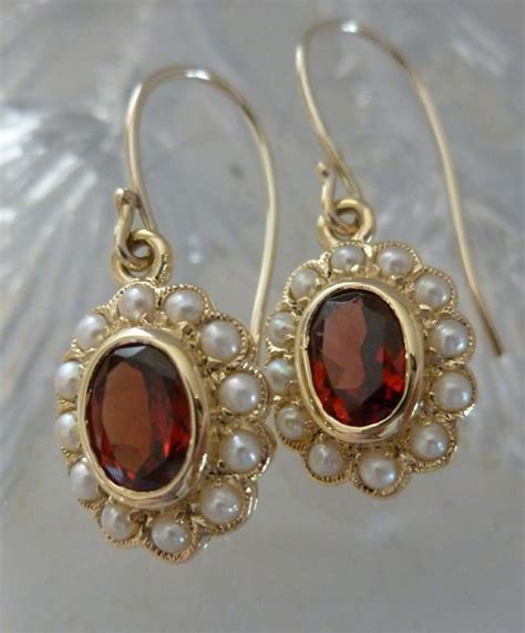 Vintage Garnet Earrings With Pearls Solid Gold 9ct 9k 14k - Etsy