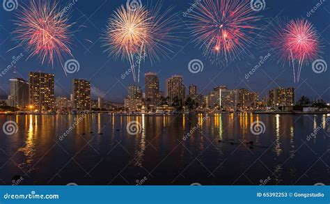 Colorful Firework Over Honolulu Skyline Hawaii Stock Image - Image of ...