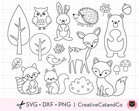 Woodland Animals Coloring SVG Forest Animal Outline Digital Stamp Clipart Birthday Party Favor ...