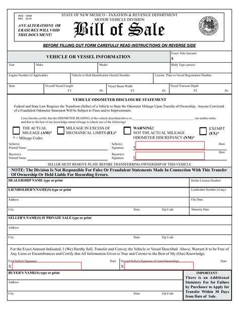 Free New Mexico Vehicle/Boat Bill of Sale | Form MVD-10009 - PDF – eForms