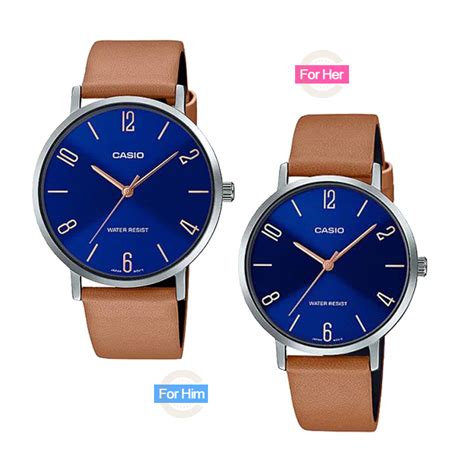 Casio Classic Blue Dial Brown Leather Band Couple Wrist Watches