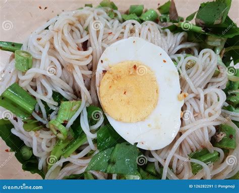 Rice Vermicelli Noodle Spicy Salad with Mackerel Stock Image - Image of ...