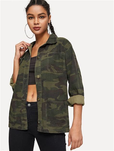 Camo Stitch Detail Pocket-front Denim Jacket -SHEIN(SHEINSIDE) | Denim jacket women, Denim ...