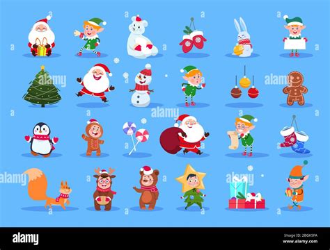 Winter characters. Cartoon santa, elves and winter christmas animals ...