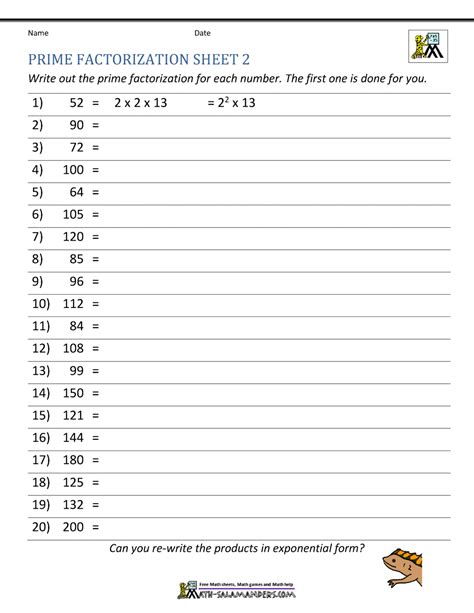 Prime Factorization Worksheet page