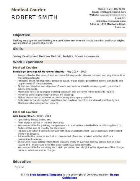 Medical Courier Resume Samples | QwikResume