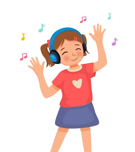 Happy cute little girl dancing while listening to music with headphone ...