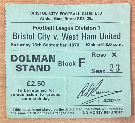 1976/77 ORIGINAL DIVISION ONE TICKET BRISTOL CITY V WEST HAM UNITED ...